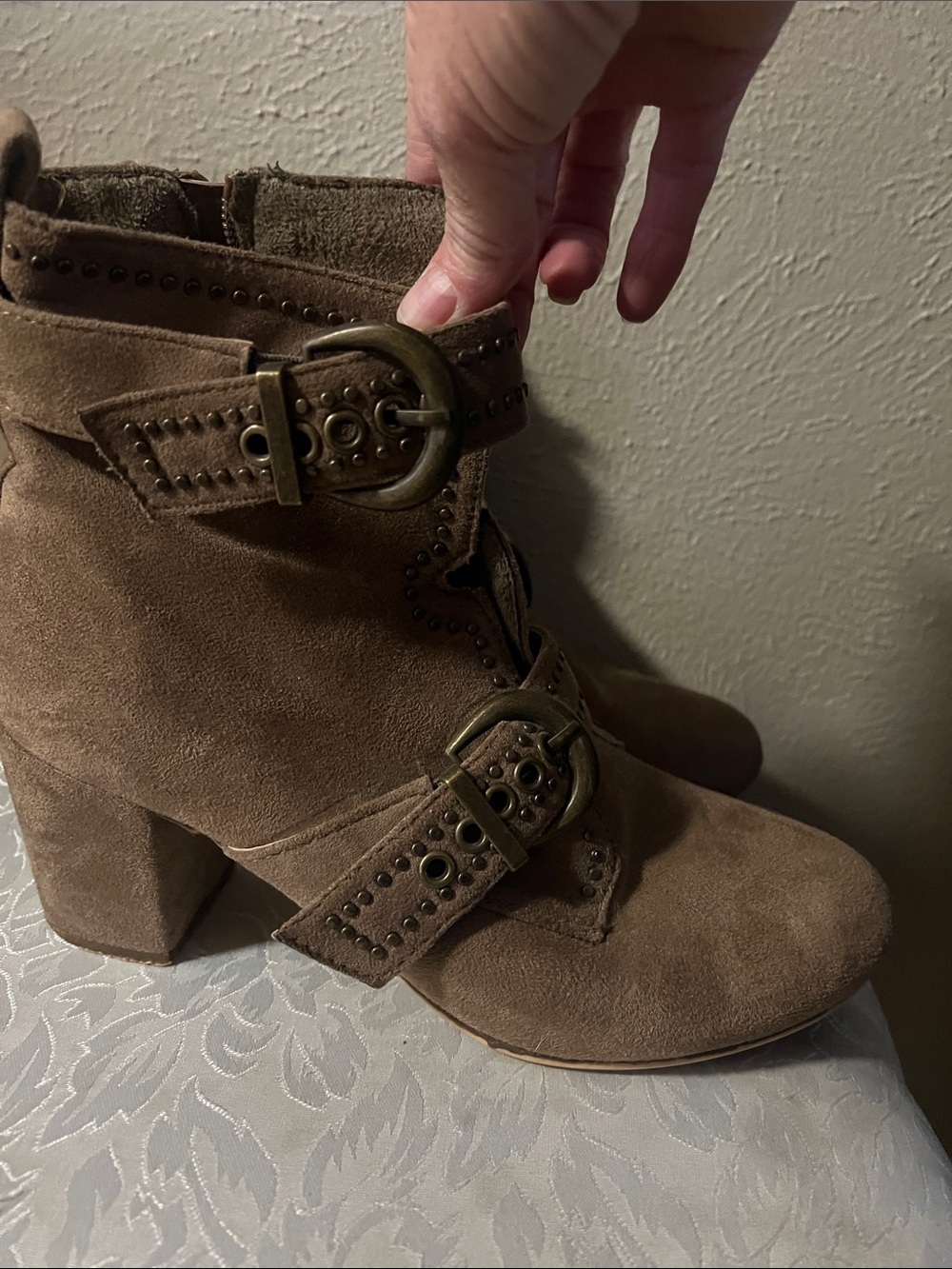 Chunky Heeled Suede Ankle Boots with Buckle Detail - Brown